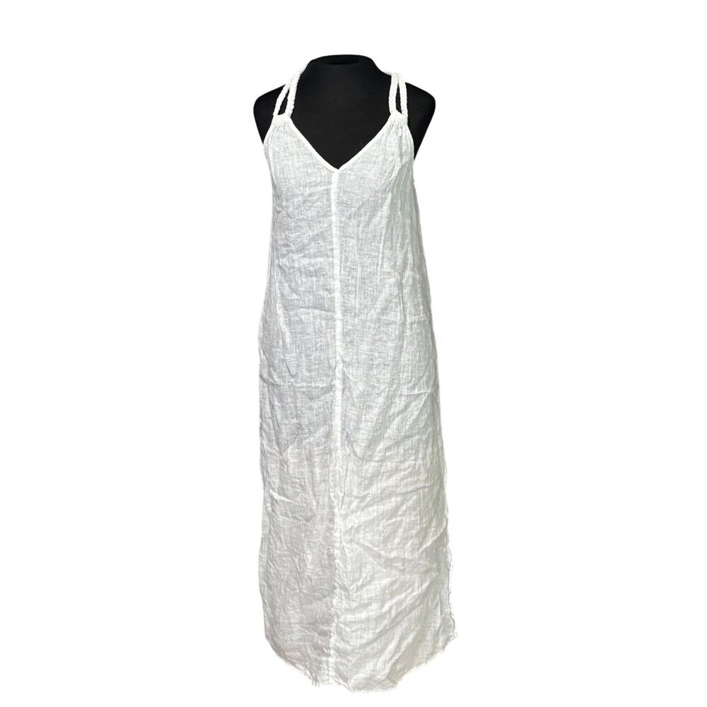 Rachel Zoe White Linen Sleeveless Maxi Dress With Braided Straps & Side Slits -